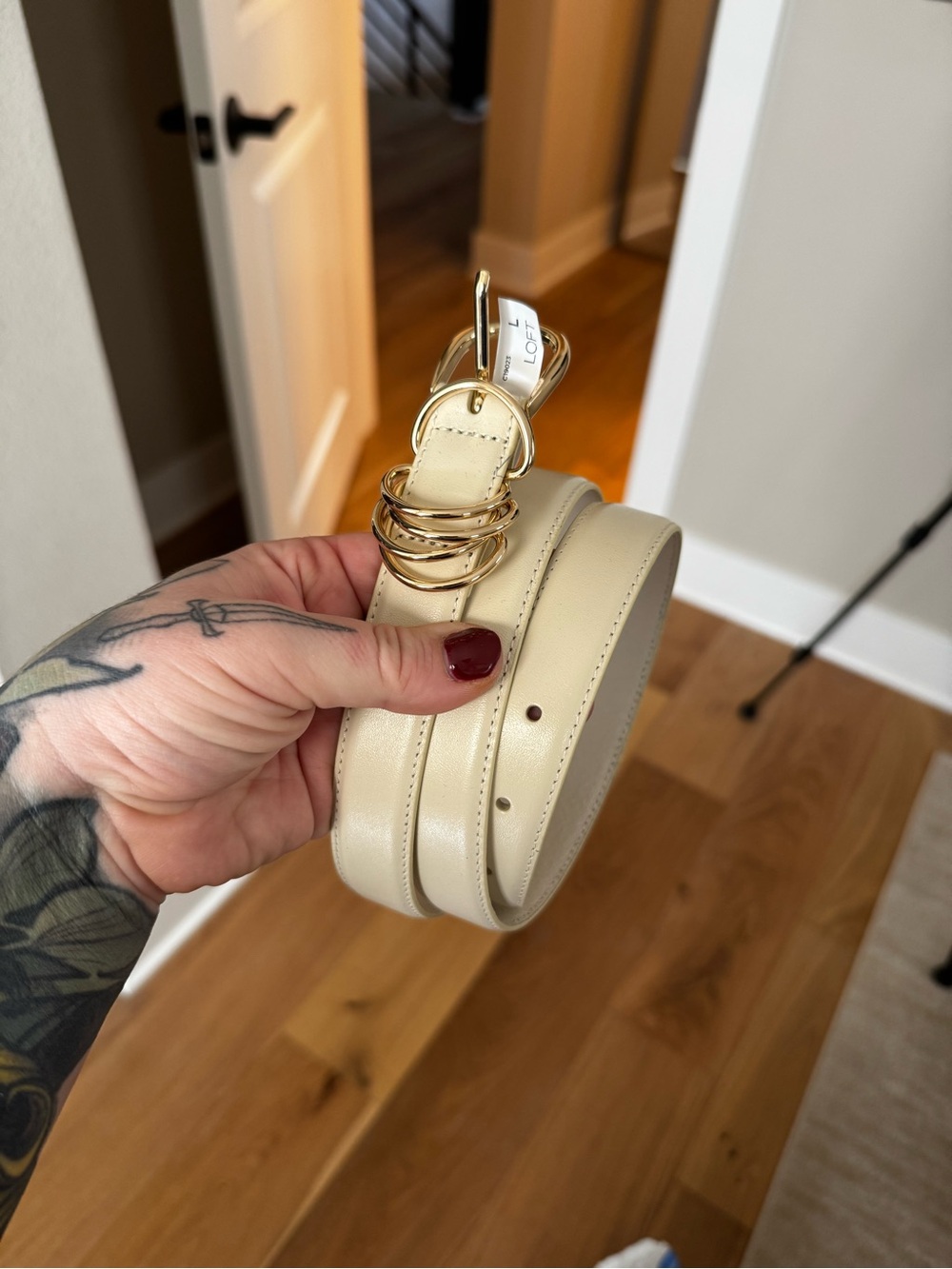 LOFT Cream Leather Belt with Stacked Gold Ring Buckle